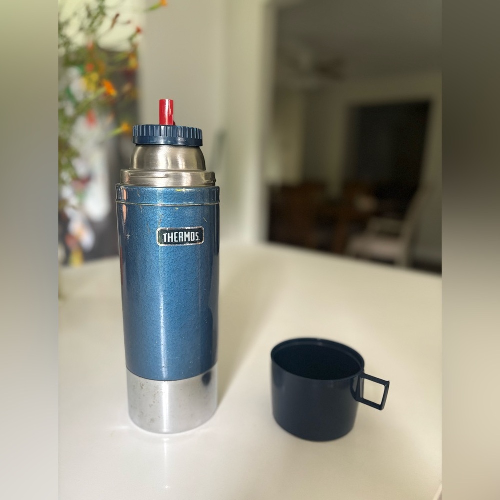 Vintage Thermos Navy and Silver Insulated Bottle